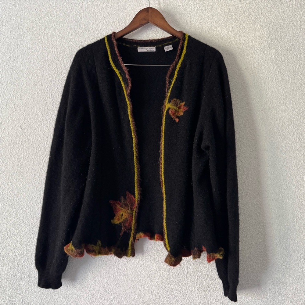 Cottagecore American Blue Pure Cashmere Felted Leaf Artisan Cardigan M Boho Chic - Picture 16 of 16